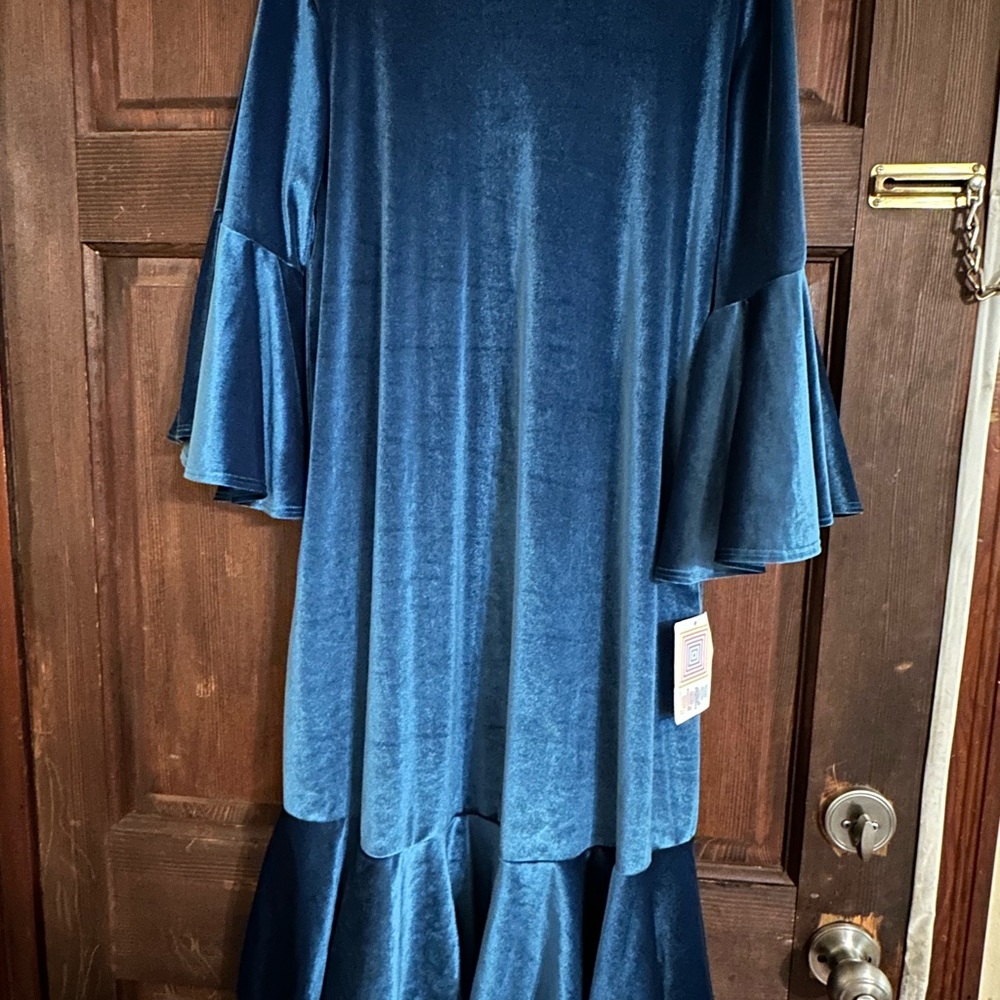 LuLaRoe Teal Velvet Midi Dress with Flounce Sleeves